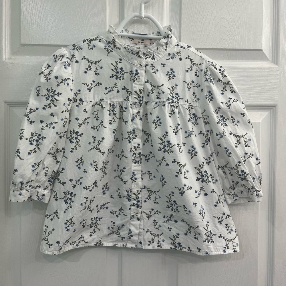 Mi Ami Francesca's White Blue Floral Ruffle Button Women's XS Blouse Shirt Top